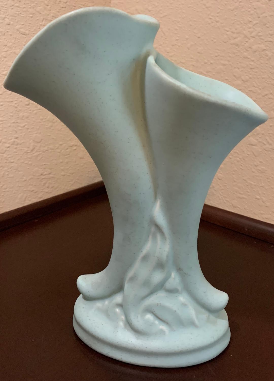 Vintage Princeton Double Cornucopia Horn Green Vase P195? Pottery Art Deco Mint