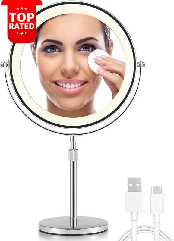 8.5 Inch Double Sided Makeup Mirror with Lights 3X/10X Adjustable Stand