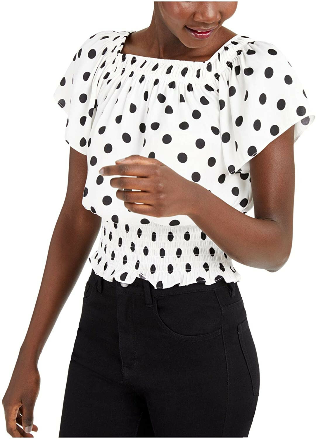 INC Womens Knit Top Black Small Smocked Polka Dot White Size