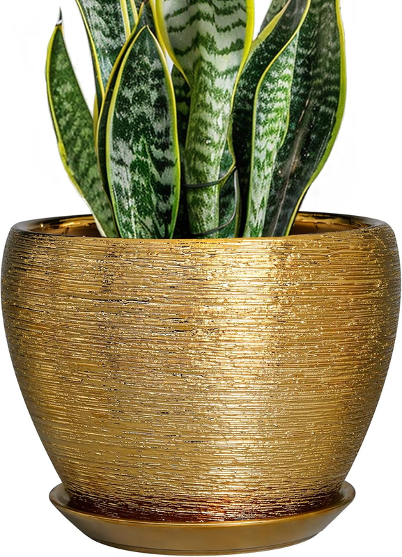 Ceramic Plant Pot 8 Inch - Planter for Outdoor Plants Indoor Plant Pot with Drainage Hole and Saucer Decorative round Planter Modern Flower Pot for House Decor Gold