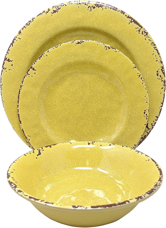 12 Piece Rustic Farmhouse Melamine Dinnerware Set, Service for 4 (Yellow)