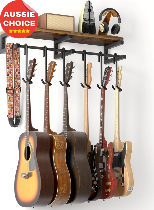 Holds 6 Guitars Rustic Wall Mount Hanger Shelf Detachable Hooks Brown Finish