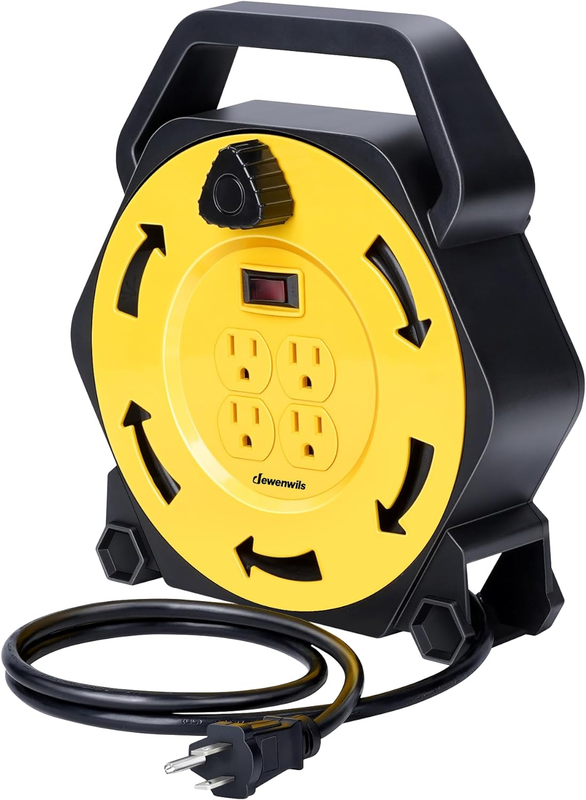 Extension Cord Reel with 25 FT Power Cord, Hand Wind Retractable, 16/3 AWG