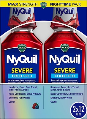 Vicks NyQuil SEVERE Cough, Cold and Flu, Berry Flavor, 12 fl oz (2 Pack) -