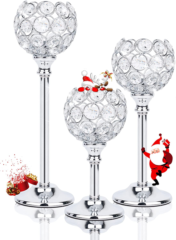 Crystal Candle Holders Set of 3 Candelabra, Silver Candle Holder Candlestick Hol