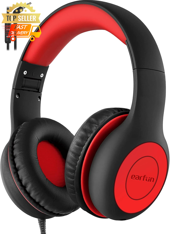 Kids Wired Headphones, 85/94Db Volume Limit, Portable Foldable w/ Mic, Black Red