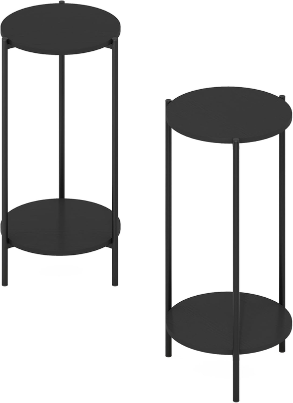 Besi 2-Tier Modern Tall round Side End Table with Sturdy Metal Legs, Americano, Set of 2