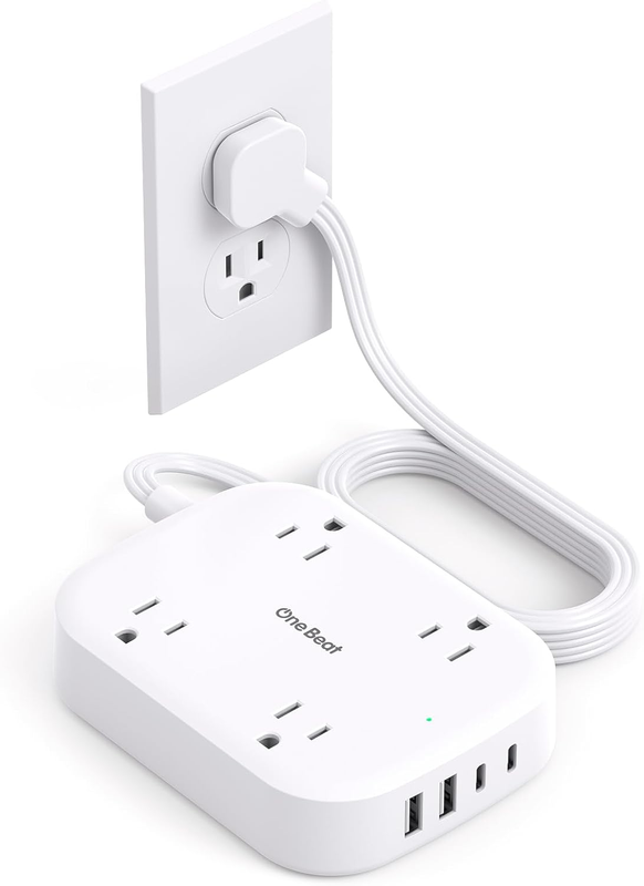 Flat Plug Power Bar with USB C, 5ft Ultra-Thin Extension Cord Indoor with 4 USB