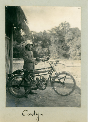Indochine, Le Sergeant Furet et sa moto, ca.1899, Vintage silver print  Vintage 