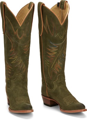 Pre-owned Justin Boots Justin 15in Womens Olive Suede Clara Leather Cowboy Boots