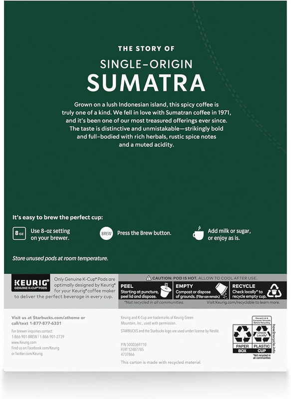 Starbucks K Cup Coffee Pods Dark Roast Sumatra for Keurig Brewers 4 Boxes 96 Pod