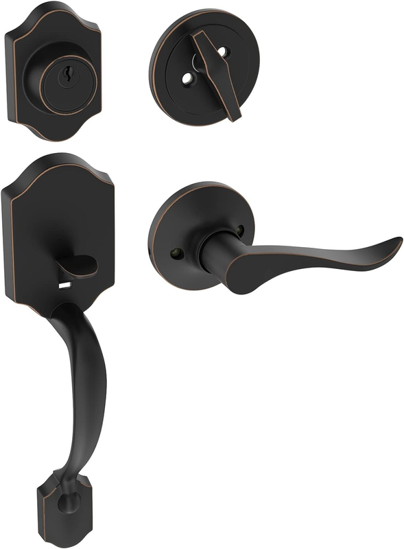 Rubbed Bronze Front Door Handle Set, Single Cylinder Exterio