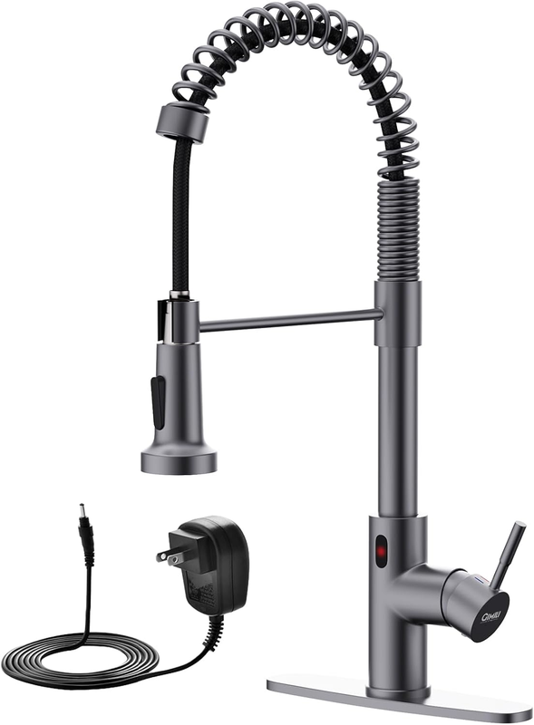 Black Stainless Touchless Kitchen Faucet with AC Adapter, Smart Motion Sensor Hands Free Single Handle Kitchen Sink Faucet with Pull down Sprayer