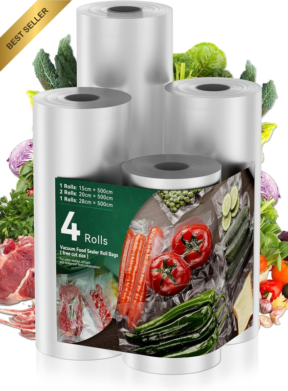 Vacuum Food Sealer Roll, 4 Pack Vacuum Seal Bags Rolls, Seal Storage 28/20/15Cmx