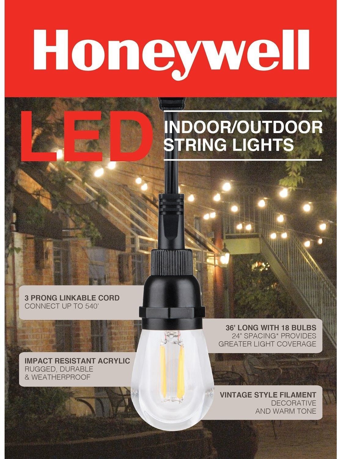 Honeywell 36' Commercial Grade LED Indoor Outdoor Linkable String Lights - Warm