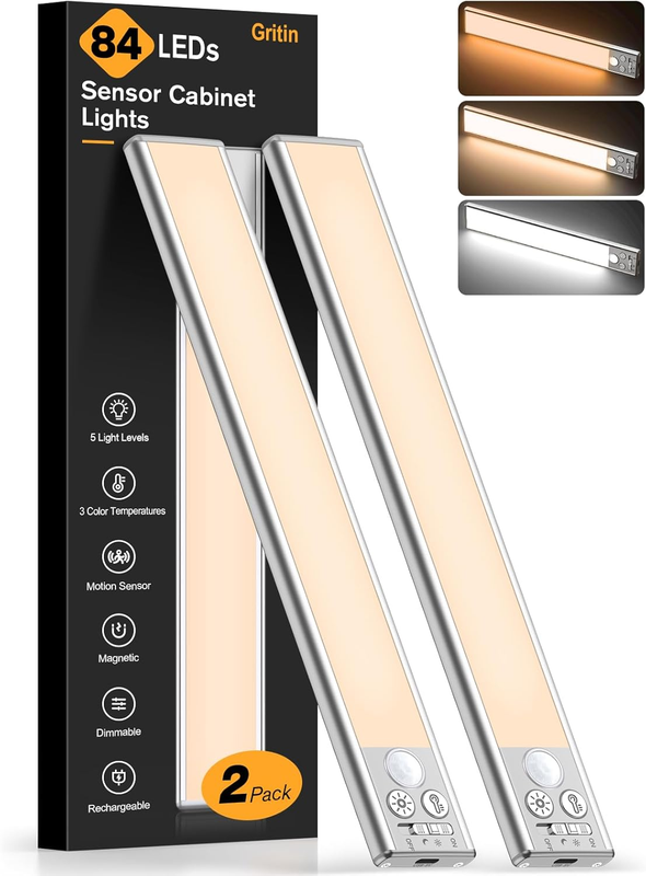 Under Cabinet Lighting Rechargeable-84 LED Super Bright,3-Color& 5-Brightness,4