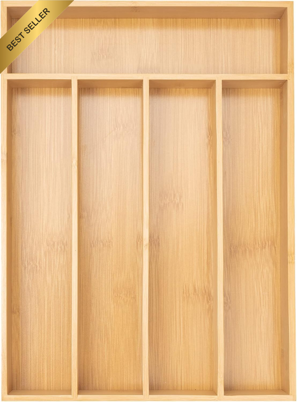 Bamboo Cutlery Drawer Organizer, 5 Compartment Kitchen Utensil Tray, Natural Woo