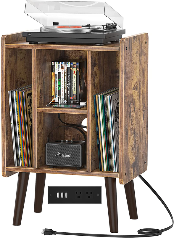 Record Player Stand, Vinyl Turntable Stand with Power Outlet and USB Charging Po
