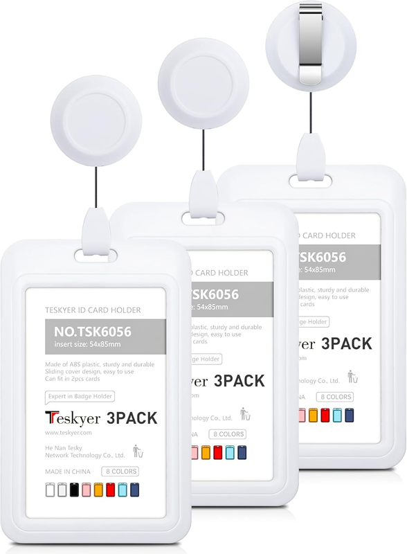 3 Pack Sliding ID Badge Holder with Retractable Badge Reel Clips, Hard Plastic R