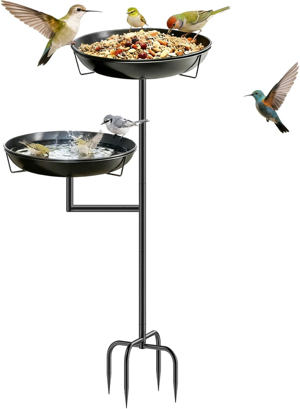 Freestanding Bird Feeder for Outside, Removable Metal Bird Bath with Double Bowl