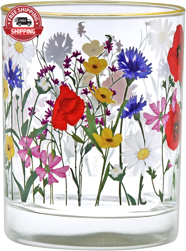 22K Rim Wildflower Meadow DOF Double Old-Fashioned Glasses, 13.5-Ounce, Gift Box