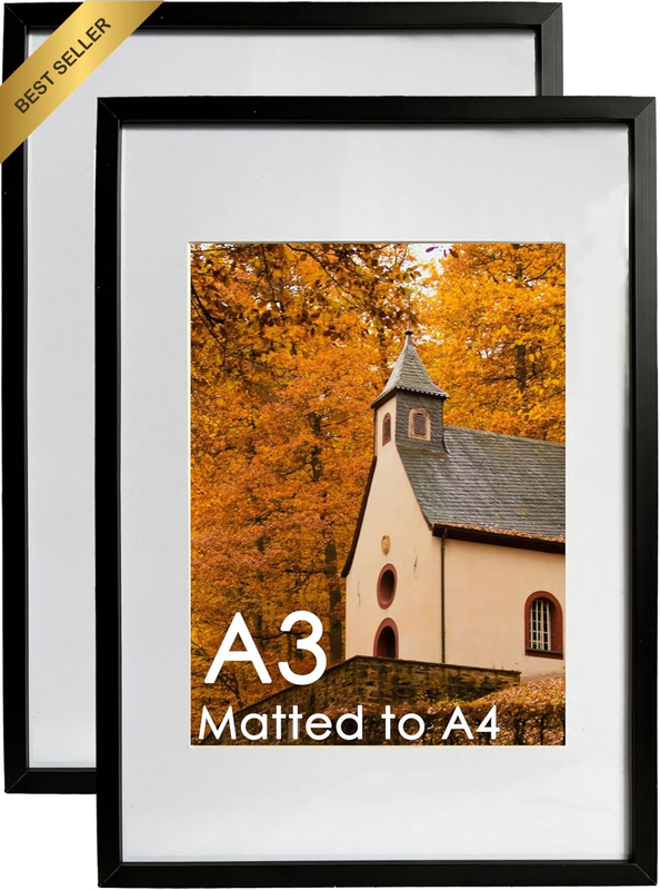 Set of 2 Black Metal Picture Frames A3 Without Mat & A4 With Mat Wall Hanging