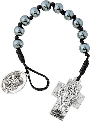 St Michael St Christopher Cross Black Beaded Auto Rosary Catholic Prayer Beads