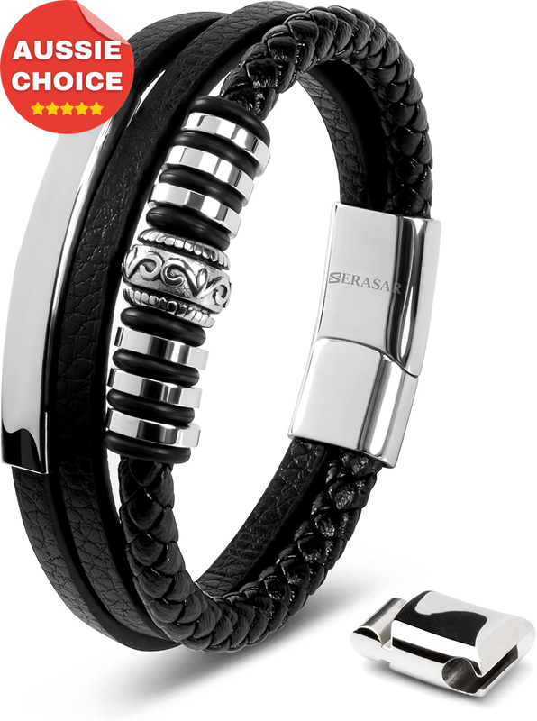 Men's Black Genuine Leather Bracelet Shine Stylish Fashion Accessory