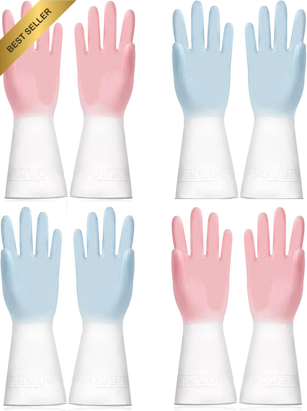 4 Pairs Rubber Cleaning Gloves, Reusable Dishwashing Gloves for Kitchen Househol