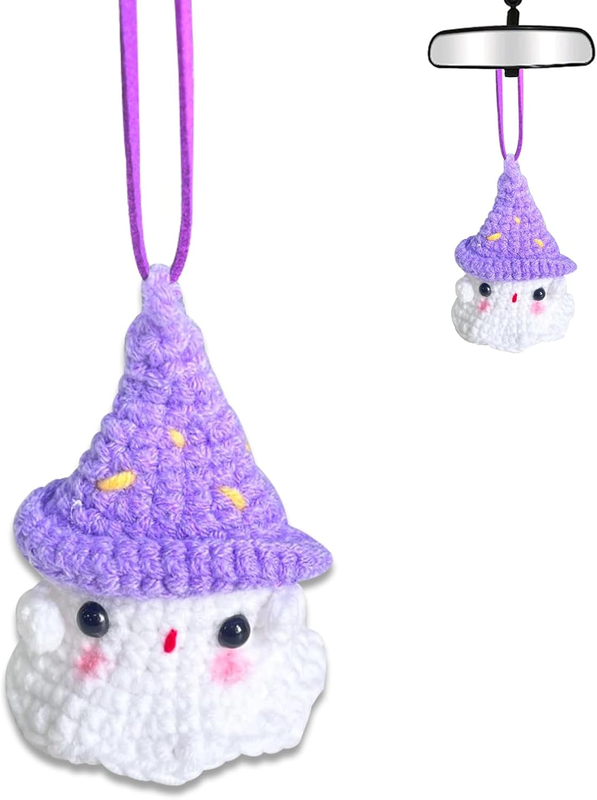Cute Ghost Crochet Car Mirror Hanging Accessories Halloween Car Decor,Hanging Or