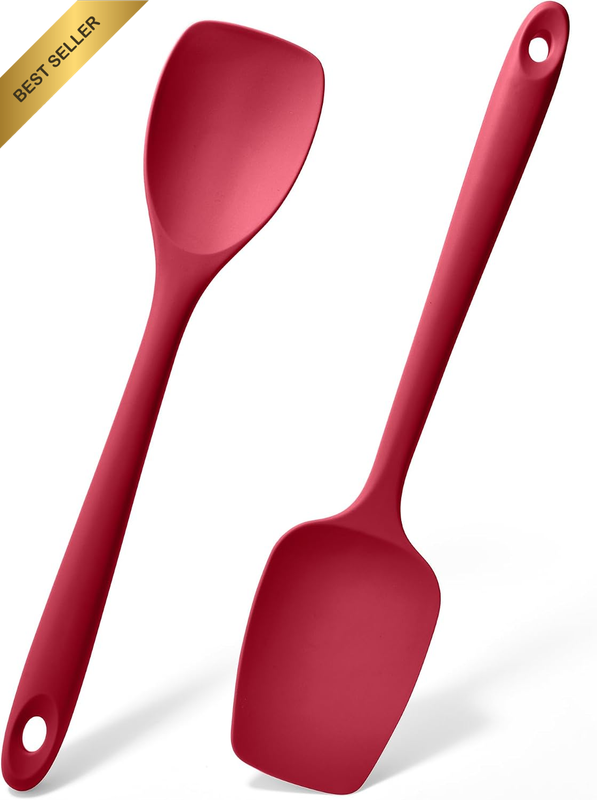 Silicone Cooking Spoon Spatula for Nonstick Cookware (2Pcs, Red)