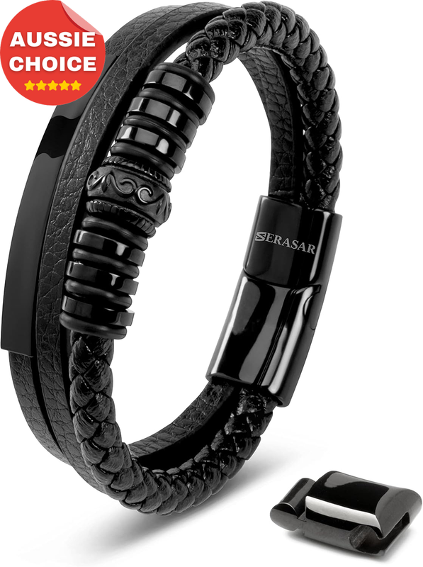 Men's Black Genuine Leather Shine Bracelet Adjustable Fashion Accessory