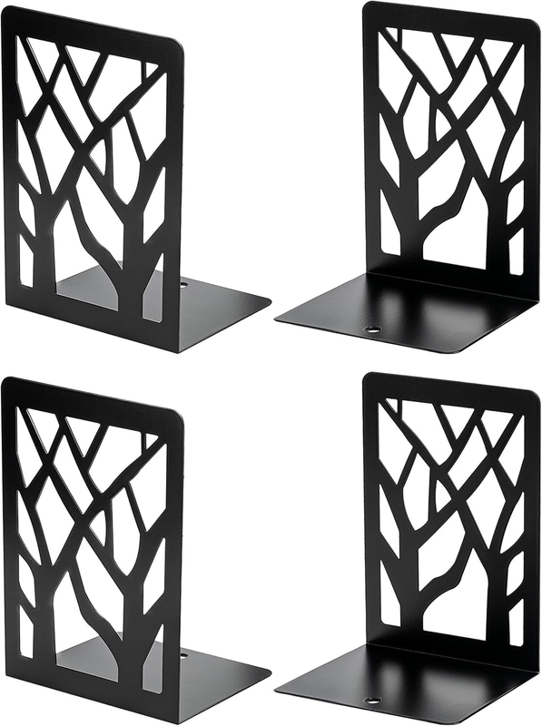4PCS Modern Tree Cutout Metal Bookends, Black Iron Decorative Book Stoppers, 4Pc