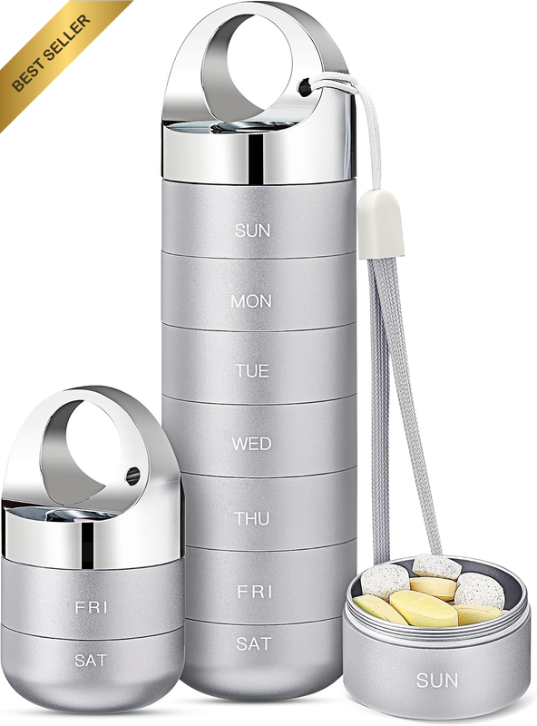 Metal Travel Pill Organizer, Portable Waterproof Weekly Pill Box, Large Aluminum