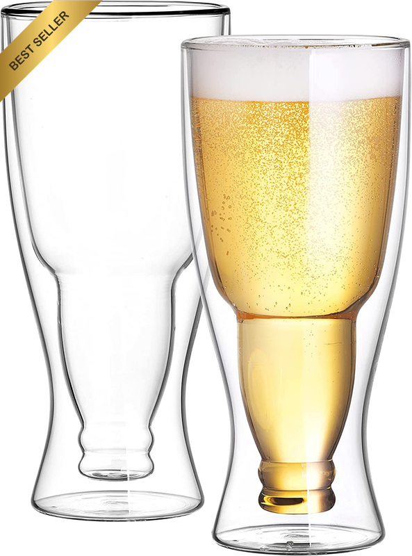 Beer Glasses 13.5Oz,Double Wall Insulated Upside down Glass,Set of 2, Durable Be