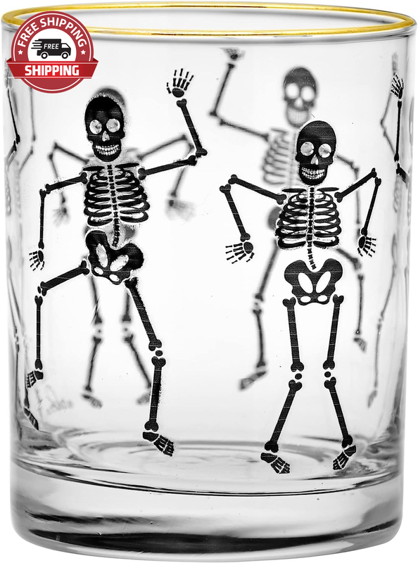 22K Rim Dancing Skeletons DOF Double Old-Fashioned Glasses, 13.5-Ounce, Gift Box