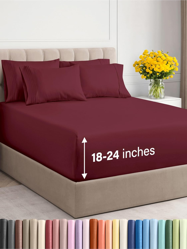 Extra Deep Full Sheet Set - 6 Piece Breathable & Cooling Sheets - Hotel Luxury Bedding Set W/18-24 Inch Extra Deep Pockets - Easy & Secure Fit - Super Soft, Wrinkle Free & Comfy - Burgundy, Full Size