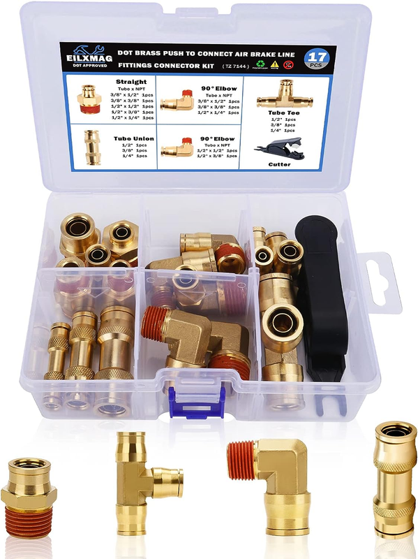 DOT Air Brake Line Fittings Assortment, 1/4 3/8 1/2 Inch Brass Quick Co