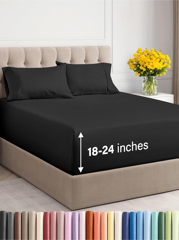Extra Deep Pocket King Sheets - 4 Piece Breathable & Cooling Bed Sheets - Hotel Luxury Bed Sheet Set - Soft, Wrinkle Free & Comfy - Easily Fits Extra Deep Mattresses - Deep Pocket Black Sheets Set