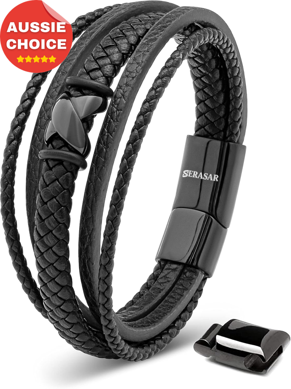 Men's Black Genuine Leather Flake Bracelet Adjustable Fashion Jewelry