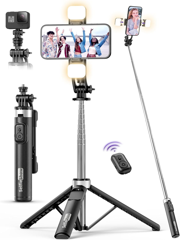 Selfie Stick with 2 Fill Light, 53'' Tripod for Cell Phone with Wireless Remote,