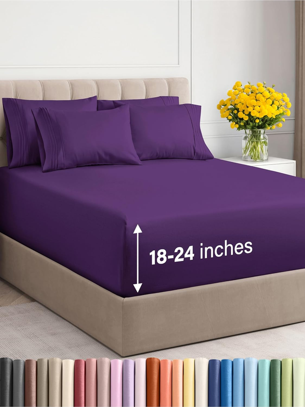 Extra Deep Full Sheet Set - 6 Piece Breathable & Cooling Sheets - Hotel Luxury Bedding Set W/18-24 Inch Extra Deep Pockets - Easy & Secure Fit - Super Soft, Wrinkle Free and Comfy - Purple, Full Size