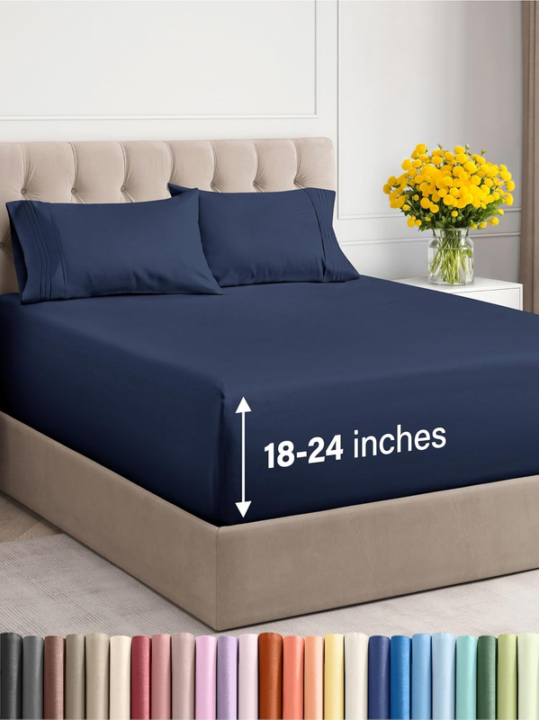 Extra Deep Twin XL Sheet Set - 4 Piece Breathable & Cooling Sheets - Hotel Luxury Bedding Set W/18-24 Inch Extra Deep Pockets - Easy Fit - Super Soft, Wrinkle Free & Comfy - Navy Blue, Twin XL Size