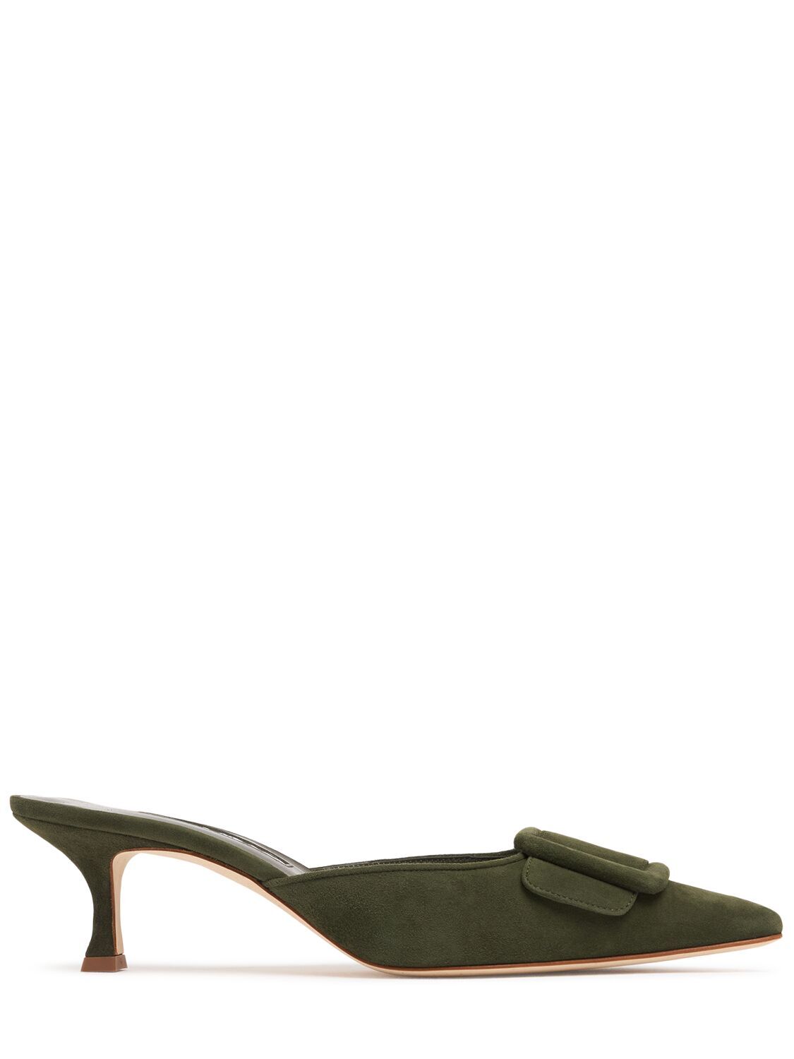 Pre-owned Manolo Blahnik Maysale $795 Dark Green Suede 50mm Mules And Authentic