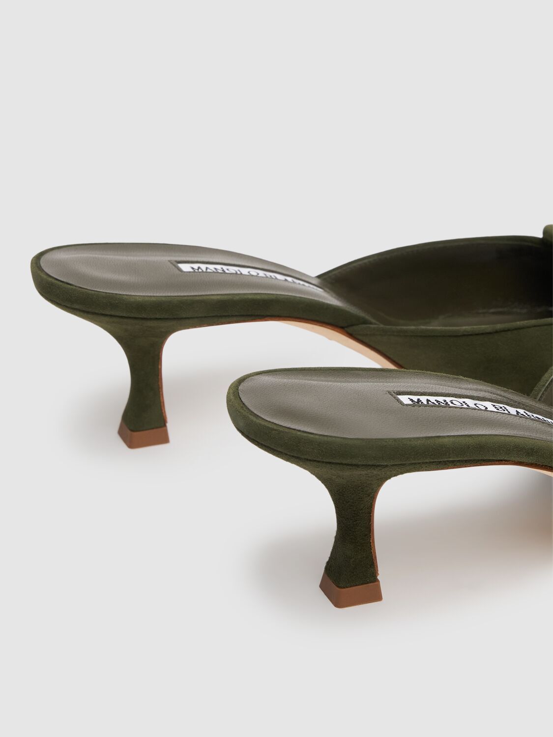 Pre-owned Manolo Blahnik Maysale $795 Dark Green Suede 50mm Mules And Authentic