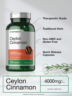 Ceylon Cinnamon Capsules 4000mg | 250 Count | Non-GMO, Gluten Free | by Horbaach