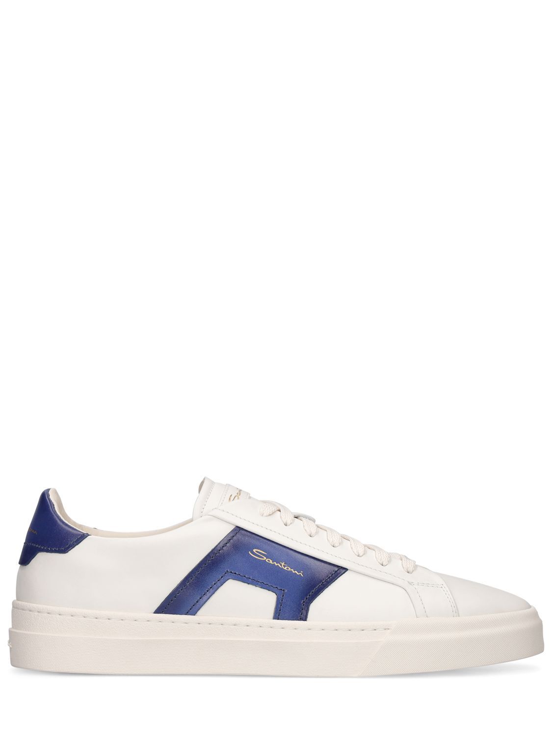 Pre-owned Santoni Dbs Oly Men's White/blue Leather Low Top Sneakers