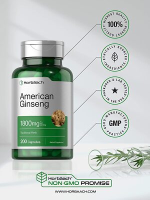 American Ginseng Capsules | 1800 mg | 200 Count | Non-GMO | by Horbaach
