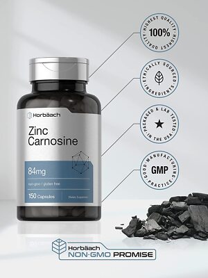 Zinc Carnosine Supplement | 84mg | 150 Capsules | Non-GMO | by Horbaach