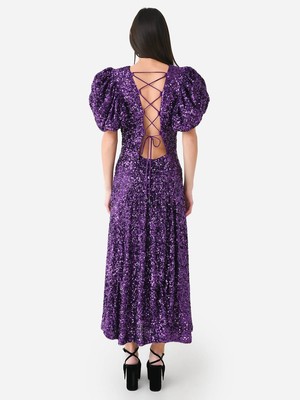 Pre-owned Rotate Birger Christensen Rotate Sequins Puff Sleeve Dress In Purple Magic - Size 36